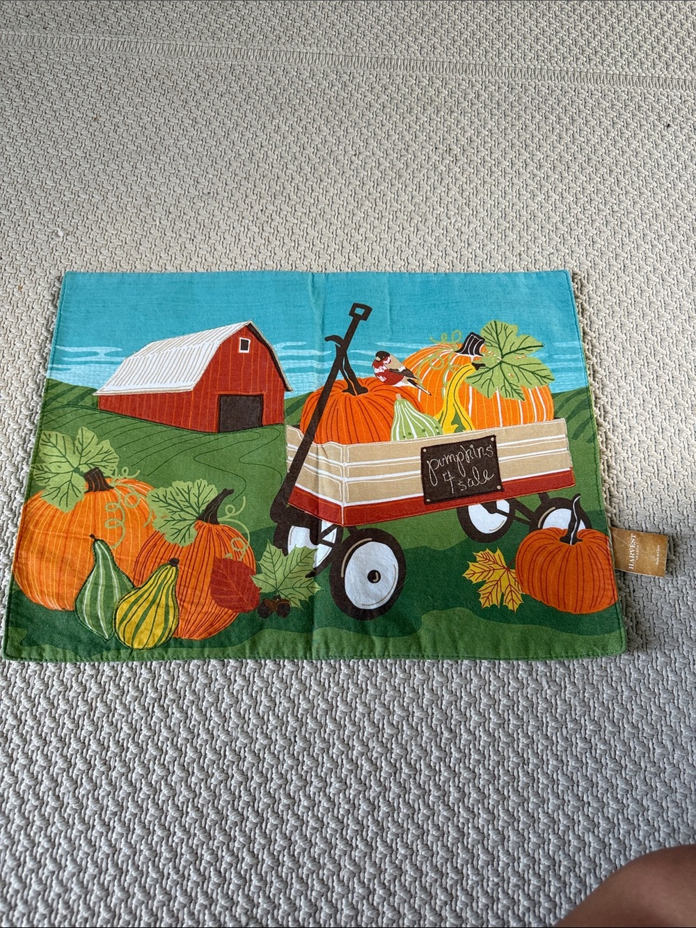 Autumn Pumpkin Wagon Cotton Kitchen Towel - Orange & Green